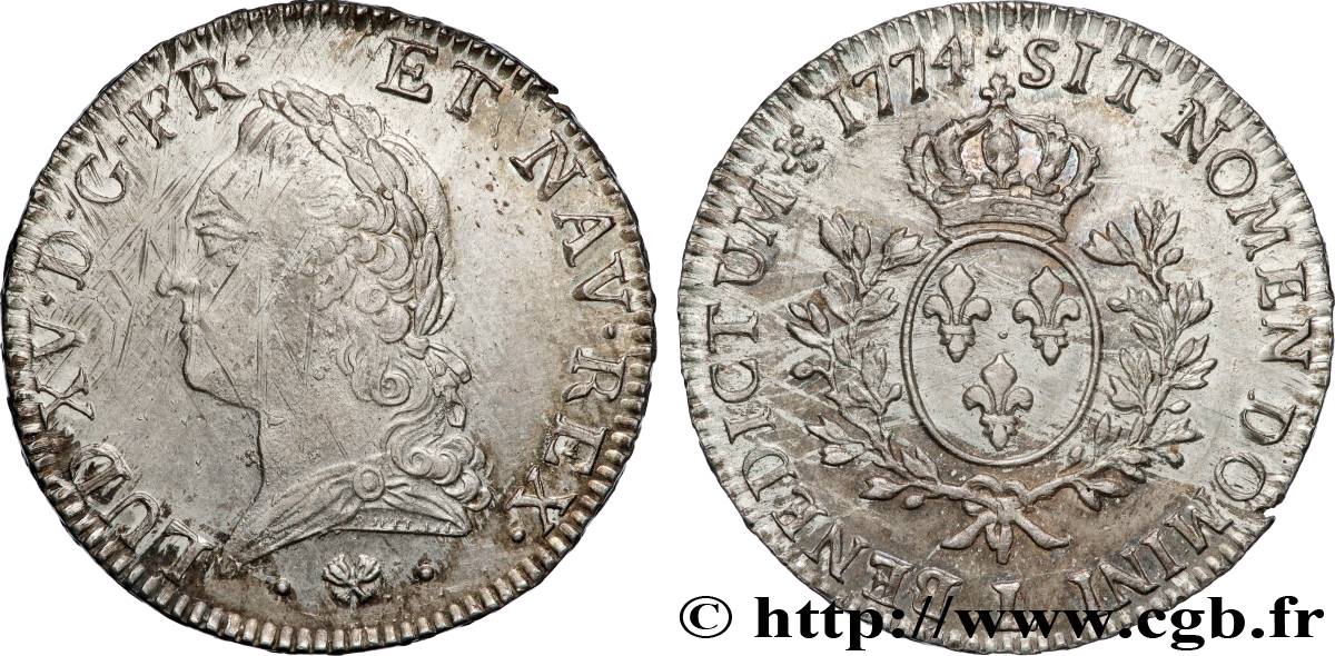 LOUIS XV DIT LE BIEN AIMÉ Écu aux branches d’olivier, buste lauré 1774 Bayonne TTB+