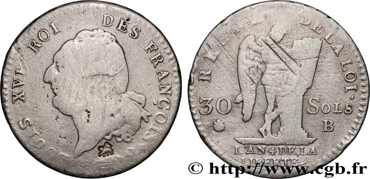 LOUIS XVI (MONARQUE CONSTITUTIONNEL)  30 sols dit  au génie , type FRANÇOIS 1792 Rouen TB