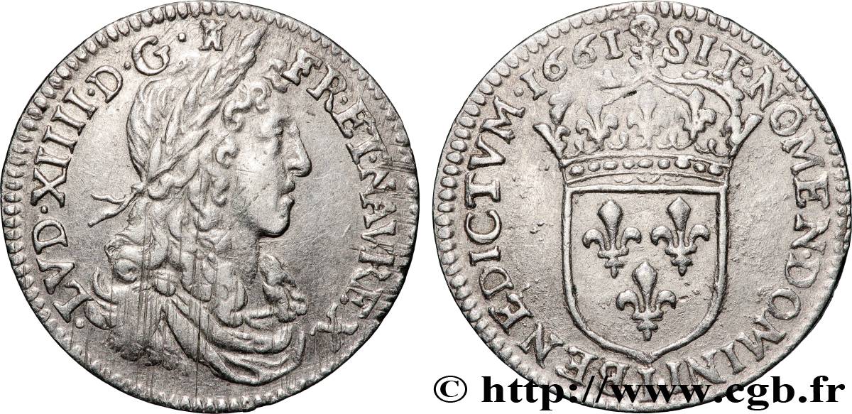 LOUIS XIV LE GRAND OU LE ROI SOLEIL Douzième d écu, portrait apollinien 1661 Limoges TTB+