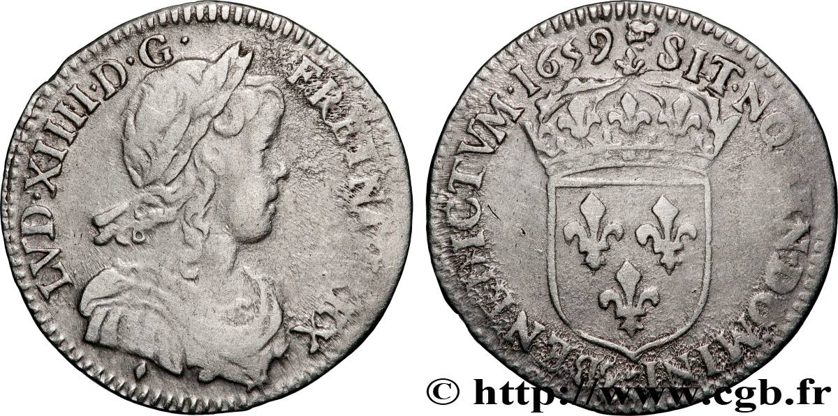 LOUIS XIV  THE SUN KING  Douzième d écu, portrait à la mèche longue 1659 Aix-en-Provence SS