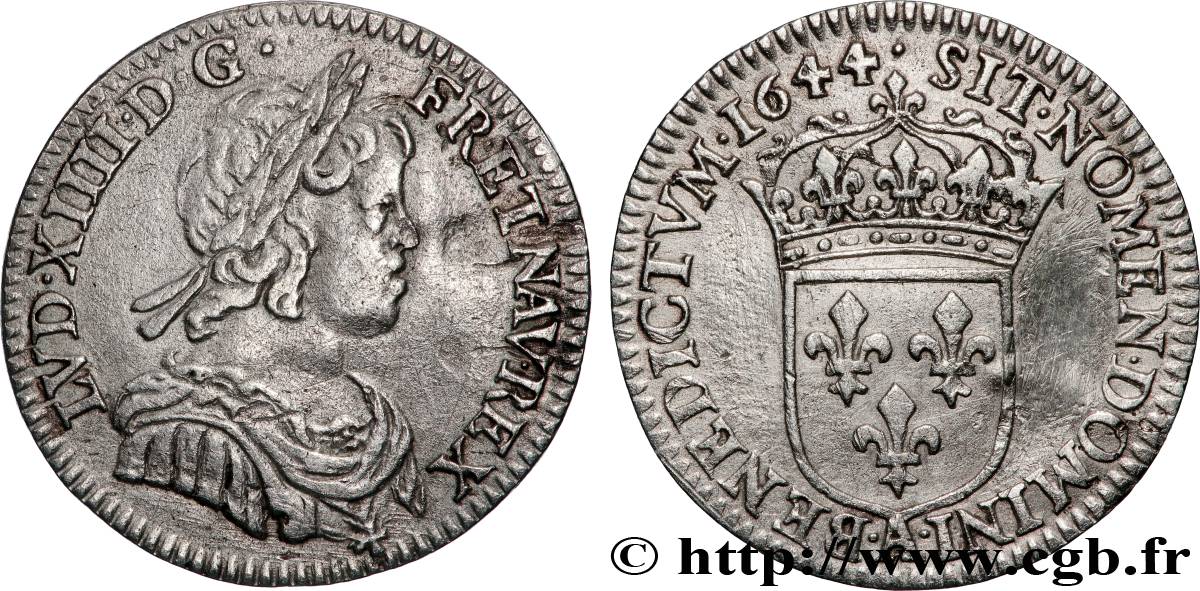 LOUIS XIV  THE SUN KING  Douzième d écu, portrait à la mèche courte 1644 Paris, Monnaie de Matignon fVZ