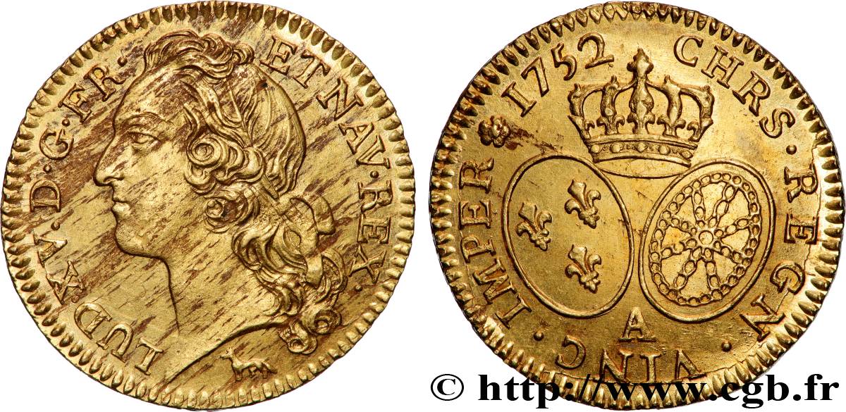 LOUIS XV  THE WELL-BELOVED  Louis d’or aux écus ovales, tête ceinte d’un bandeau 1752 Paris fST