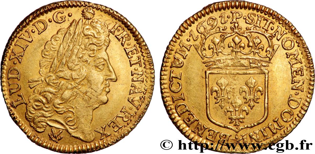 LOUIS XIV LE GRAND OU LE ROI SOLEIL Louis d&nbsp;or à l&nbsp;écu 1691 Dijon SUP
