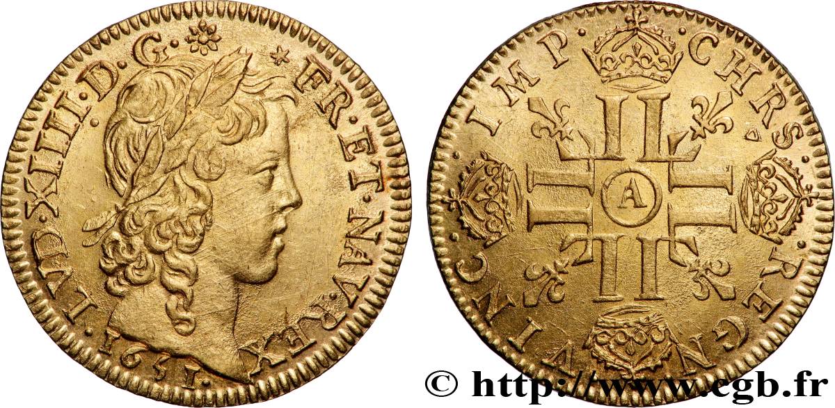 LOUIS XIV LE GRAND OU LE ROI SOLEIL Louis d’or aux huit L, portrait à la mèche longue 1651 Paris SPL