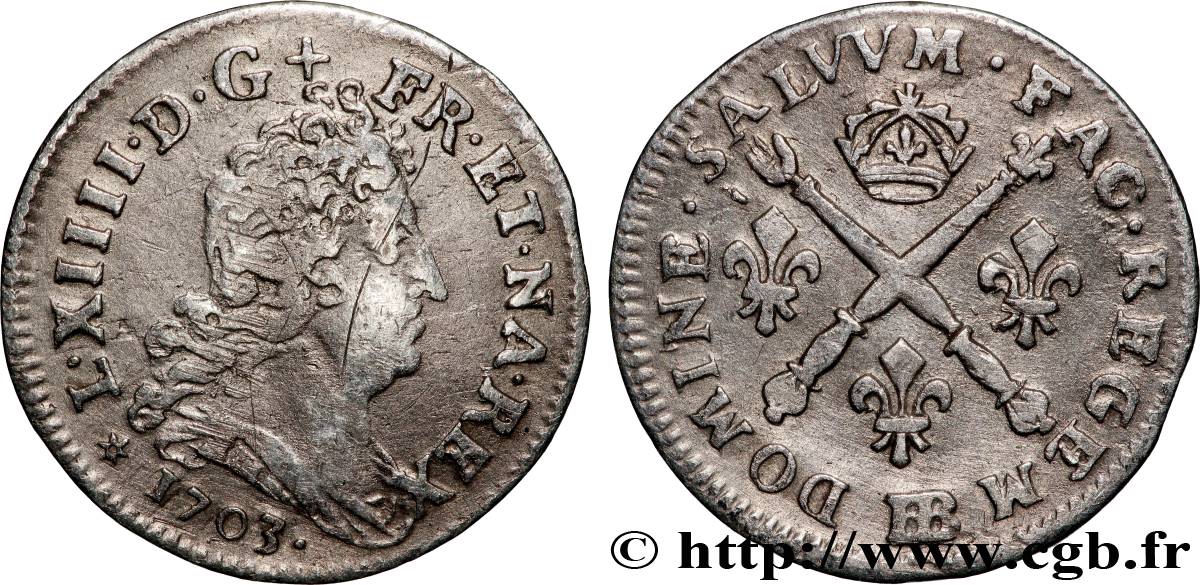 LOUIS XIV LE GRAND OU LE ROI SOLEIL Cinq sols aux insignes 1703 Strasbourg TTB