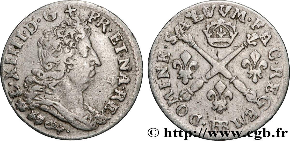 LOUIS XIV LE GRAND OU LE ROI SOLEIL Cinq sols aux insignes 1704 Strasbourg TTB