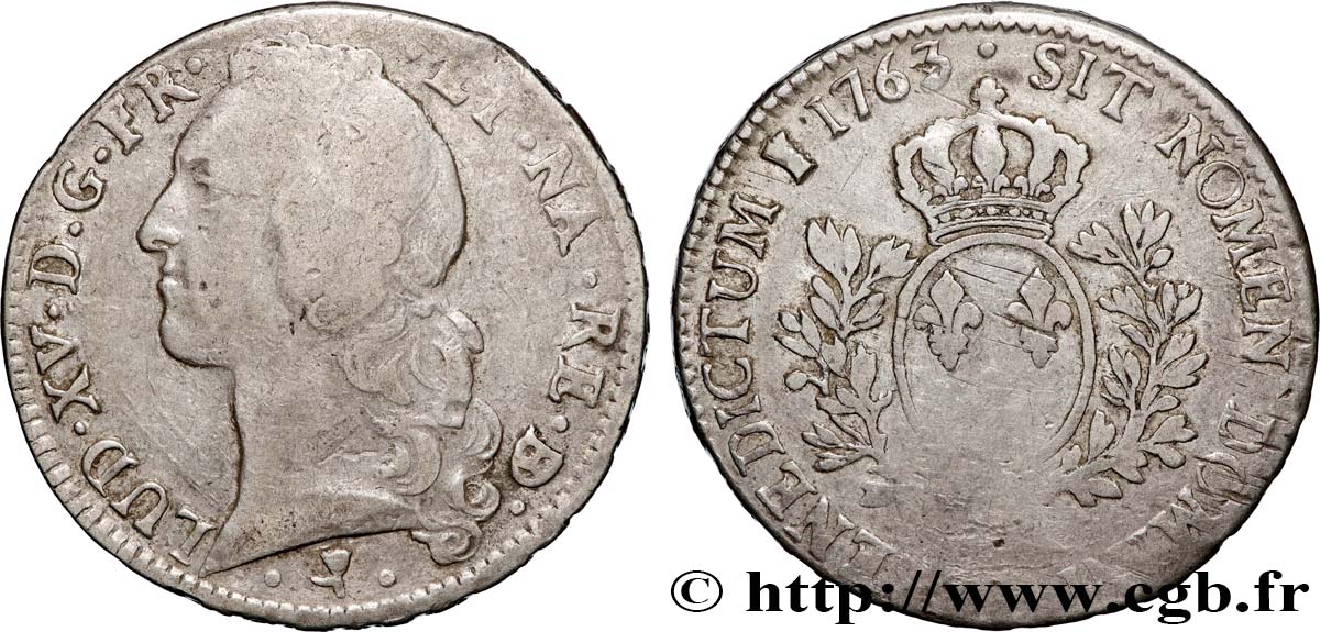LOUIS XV DIT LE BIEN AIMÉ Écu aux branches d’olivier, tête ceinte d’un bandeau 1763 Pau TB