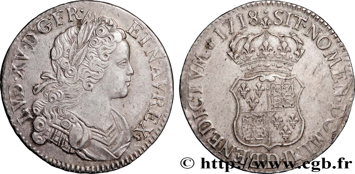 LOUIS XV DIT LE BIEN AIMÉ Écu dit &nbsp;de France-Navarre&nbsp; 1718 Lyon SUP