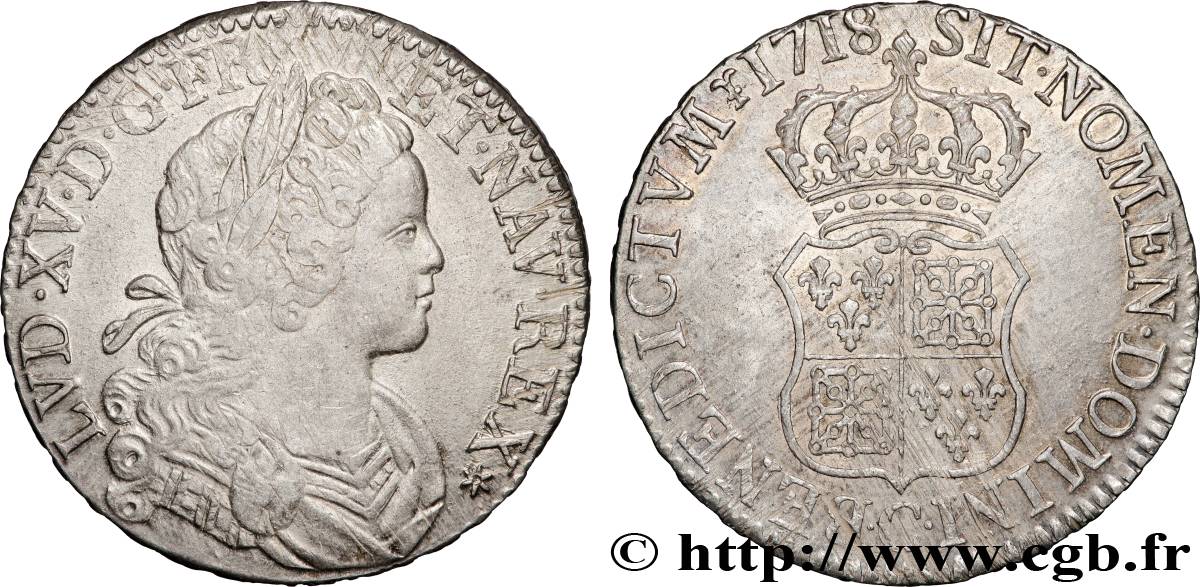 LOUIS XV  THE WELL-BELOVED  Écu de Navarre 1718  Caen AU