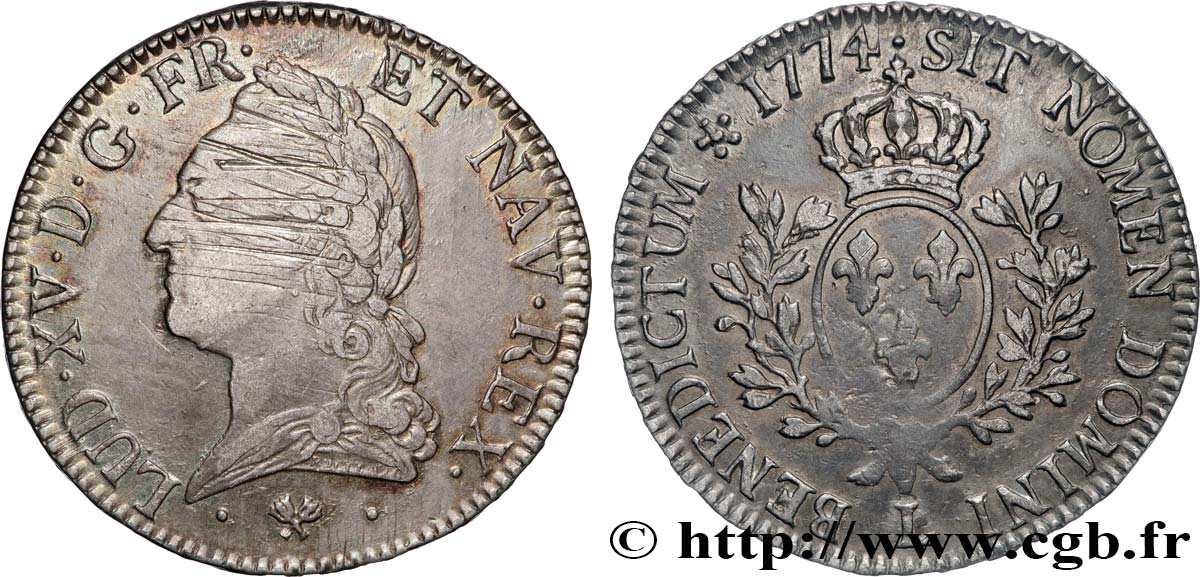LOUIS XV DIT LE BIEN AIMÉ Écu aux branches d’olivier, buste lauré 1774 Bayonne TTB