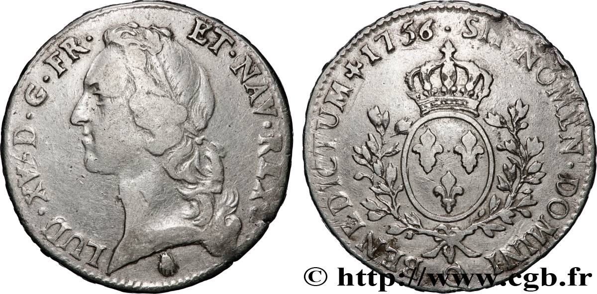 LOUIS XV  THE WELL-BELOVED  Écu aux branches d’olivier, tête ceinte d’un bandeau 1756 Perpignan fSS