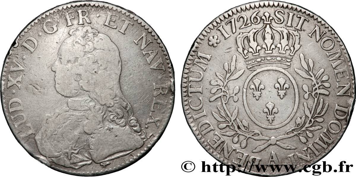 LOUIS XV  THE WELL-BELOVED  Écu aux branches d olivier, buste habillé 1726 Paris S
