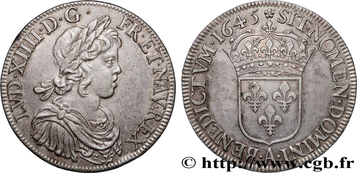 LOUIS XIV  THE SUN KING  Écu, portrait à la mèche courte 1645 Paris, Monnaie de Matignon AU