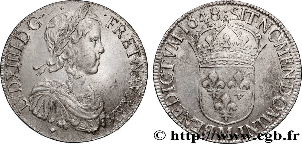 LOUIS XIV LE GRAND OU LE ROI SOLEIL Écu, portrait à la mèche longue 1648 Toulouse SUP