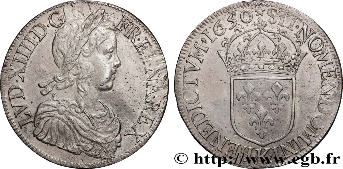 LOUIS XIV LE GRAND OU LE ROI SOLEIL Écu, portrait à la mèche longue 1650 Bordeaux TTB+/SUP