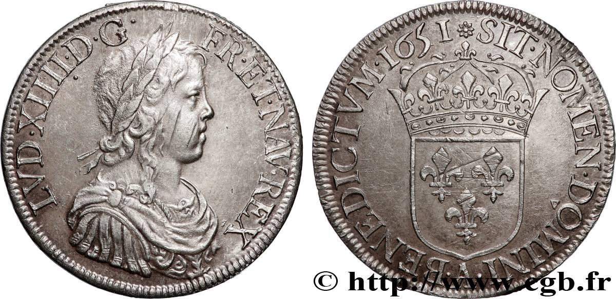 LOUIS XIV LE GRAND OU LE ROI SOLEIL Écu, portrait à la mèche longue 1651 Paris SUP