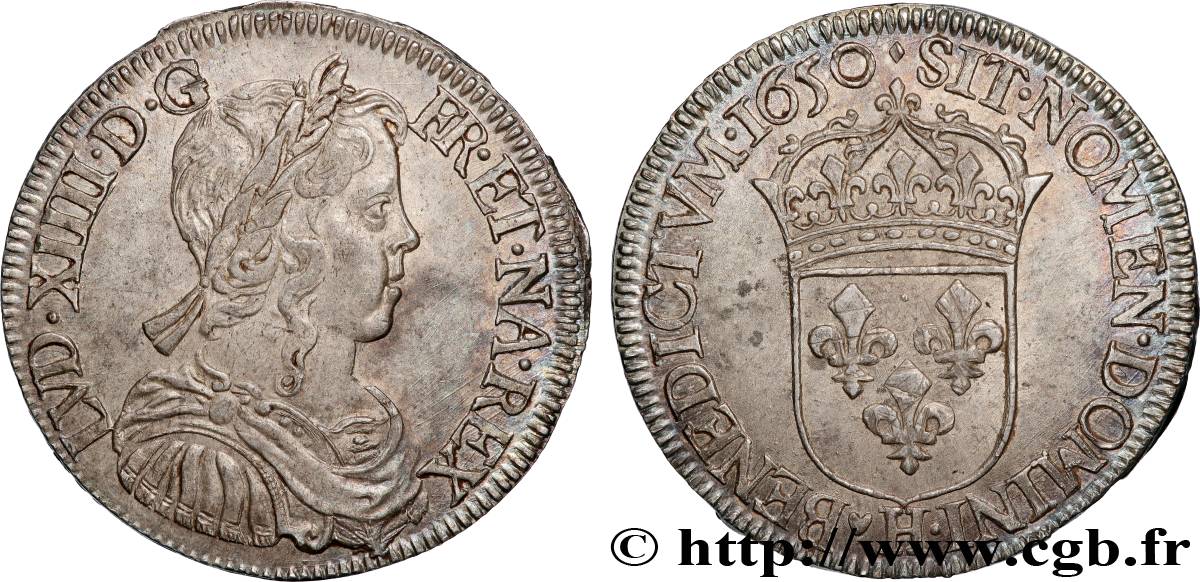 LOUIS XIV LE GRAND OU LE ROI SOLEIL Demi-écu, portrait à la mèche longue 1650 La Rochelle SUP/SPL