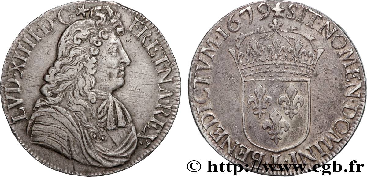 LOUIS XIV LE GRAND OU LE ROI SOLEIL Écu, portrait à la cravate courte 1679 Bayonne TTB+
