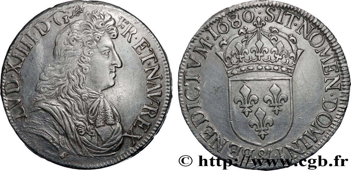 LOUIS XIV  THE SUN KING  Écu, portrait à la cravate courte 1680 Aix-en-Provence VF