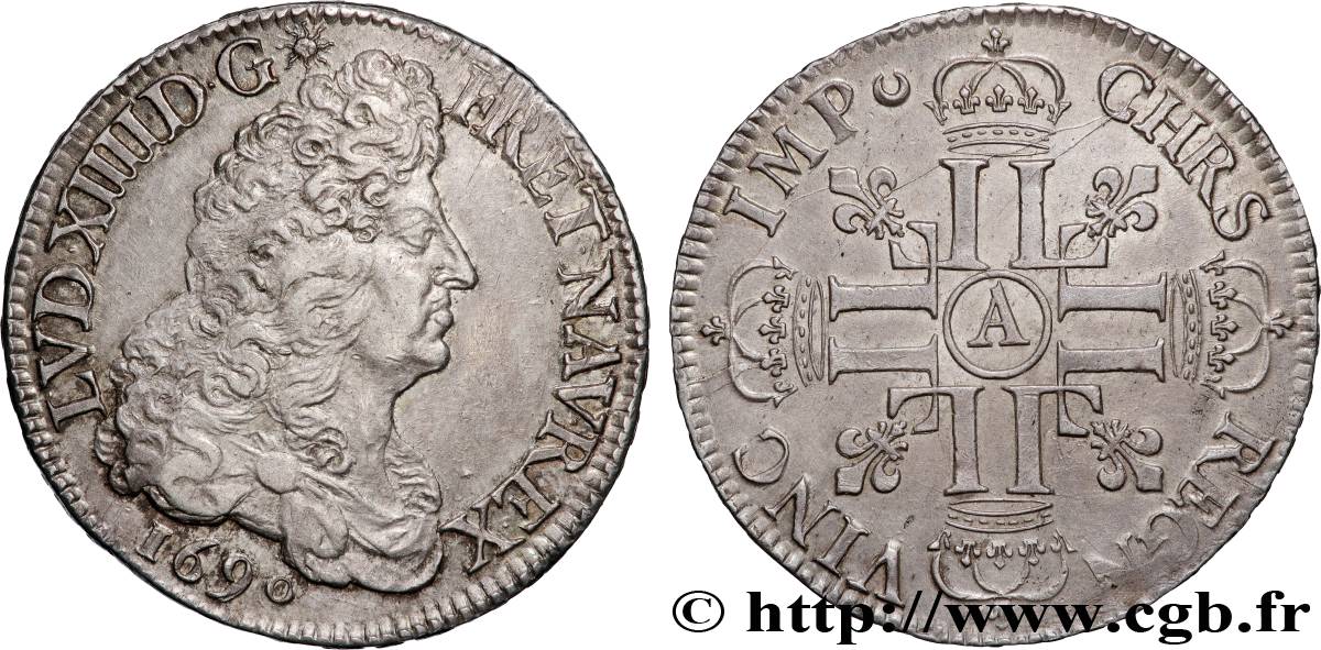 LOUIS XIV  THE SUN KING  Écu aux huit L, 1er type 1690 Paris AU