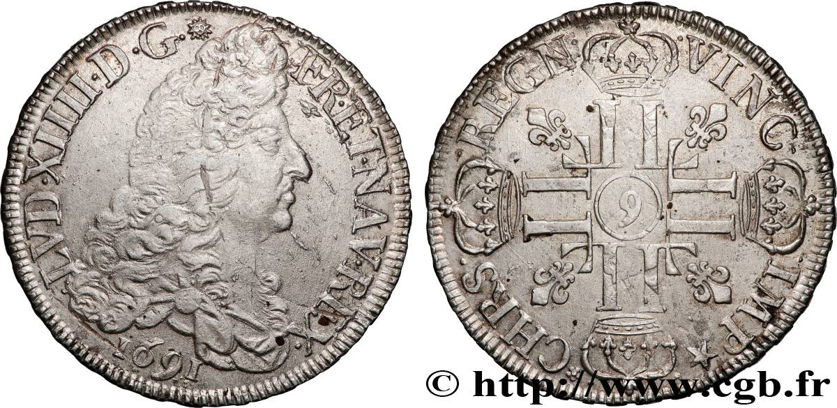 LOUIS XIV  THE SUN KING  Écu aux huit L, 1er type 1691 Rennes AU