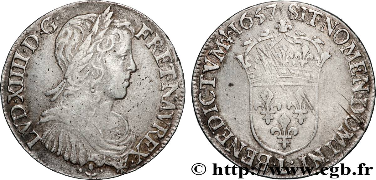 LOUIS XIV LE GRAND OU LE ROI SOLEIL Demi-écu, portrait à la mèche longue 1657 Bayonne TTB