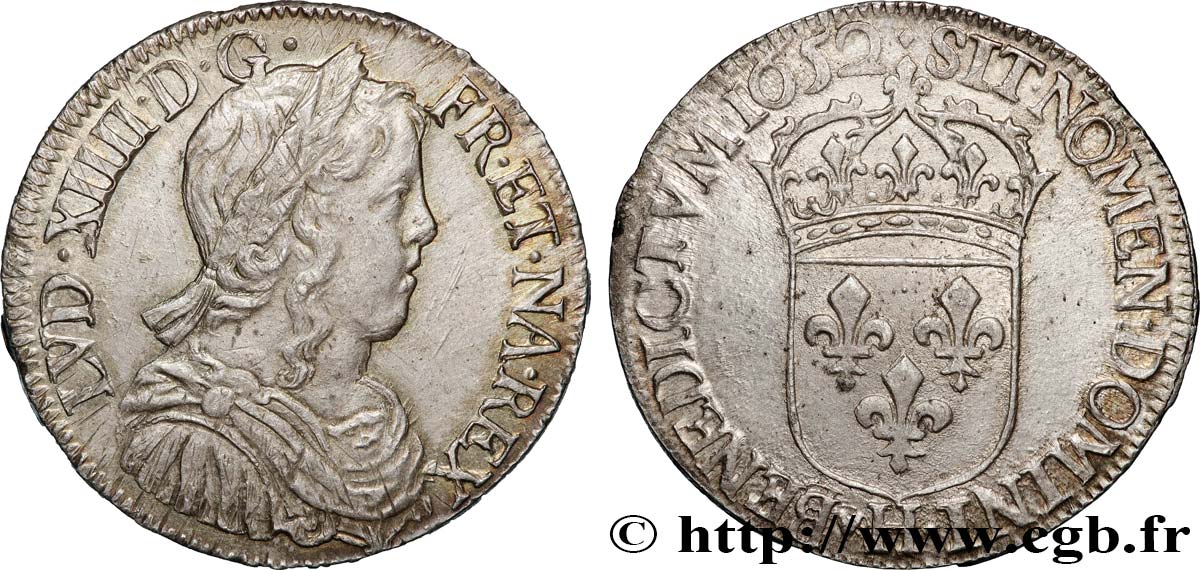 LOUIS XIV LE GRAND OU LE ROI SOLEIL Demi-écu, portrait à la mèche longue 1652 La Rochelle TTB+