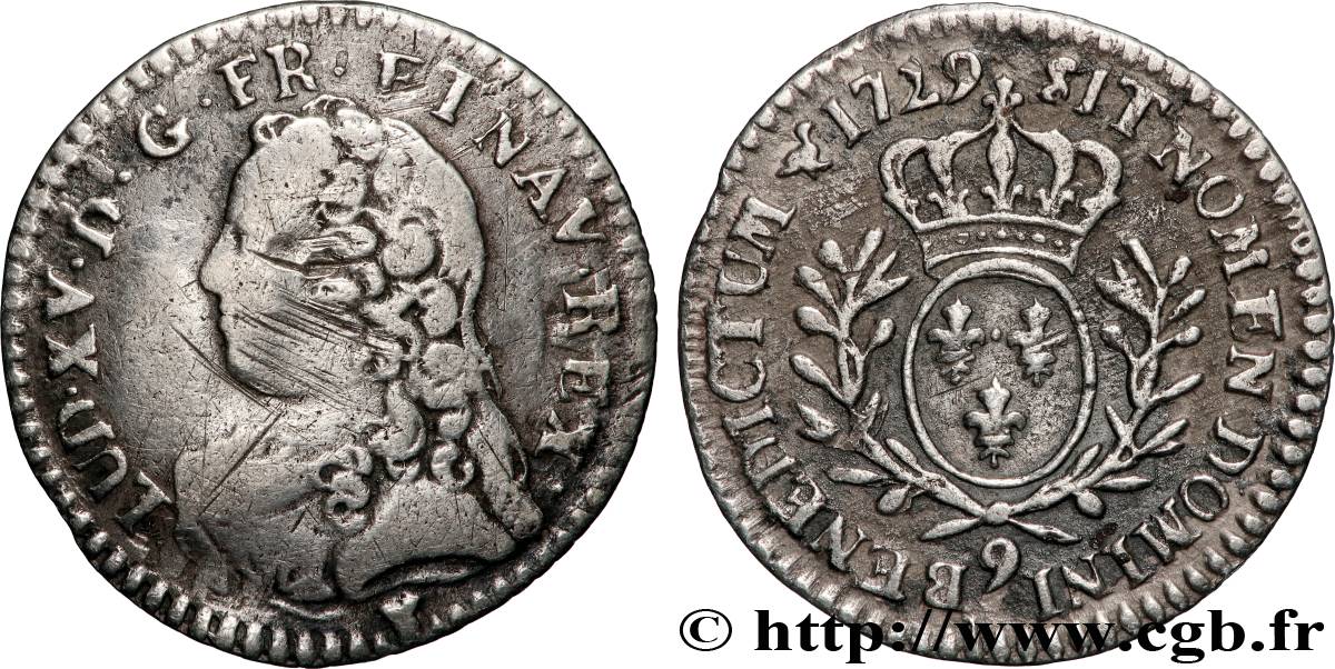 LOUIS XV DIT LE BIEN AIMÉ Vingtième d’écu aux branches d’olivier, buste habillé 1729 Rennes TB+