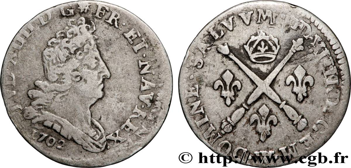 LOUIS XIV  THE SUN KING  Cinq sols aux insignes 1702 Lille q.BB