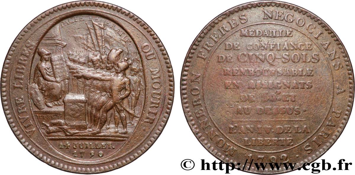 REVOLUTION COINAGE Monneron de 5 sols au serment (An IV), 3e type 1792 Birmingham, Soho VF