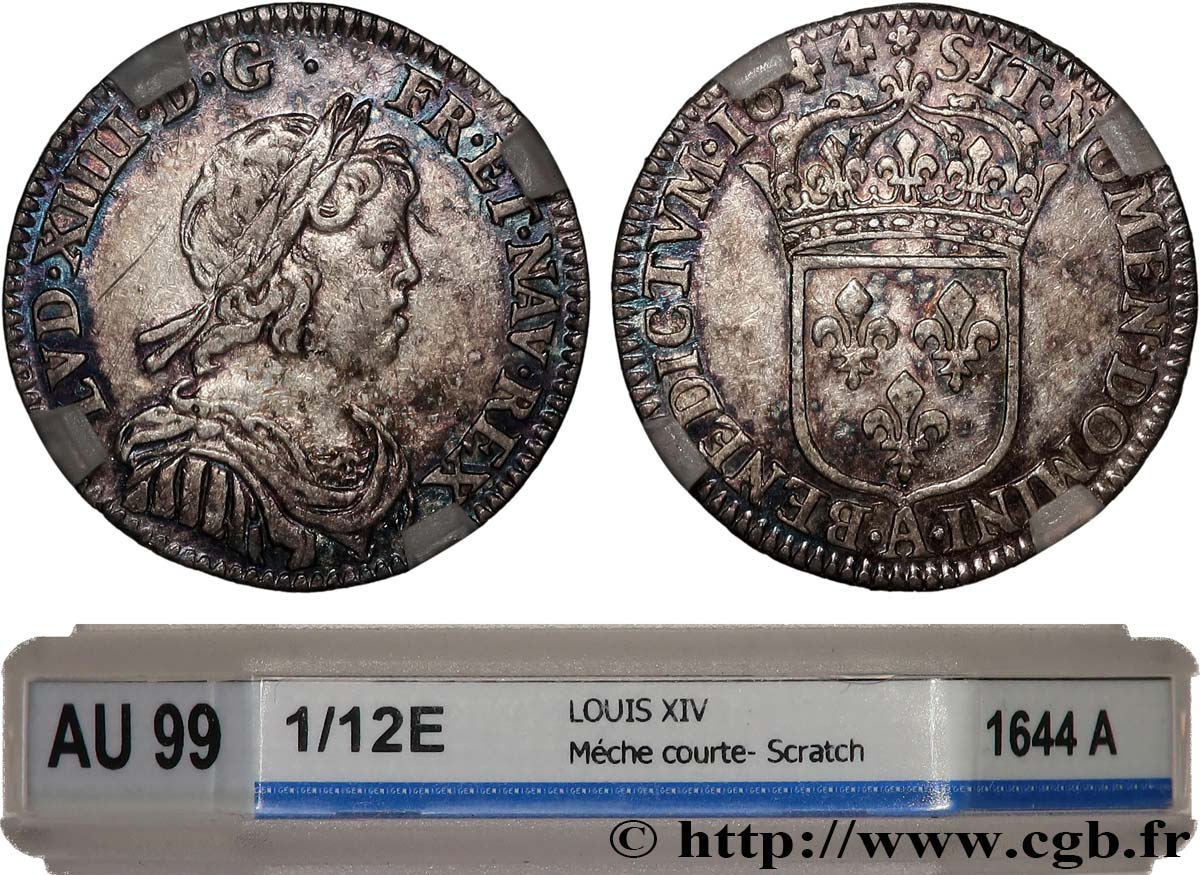 LOUIS XIV  THE SUN KING  Douzième d écu, portrait à la mèche courte 1644 Paris, Monnaie de Matignon AU