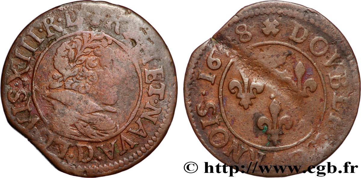 LOUIS XIII LE JUSTE Double tournois, 6e type 1628 Lyon TB