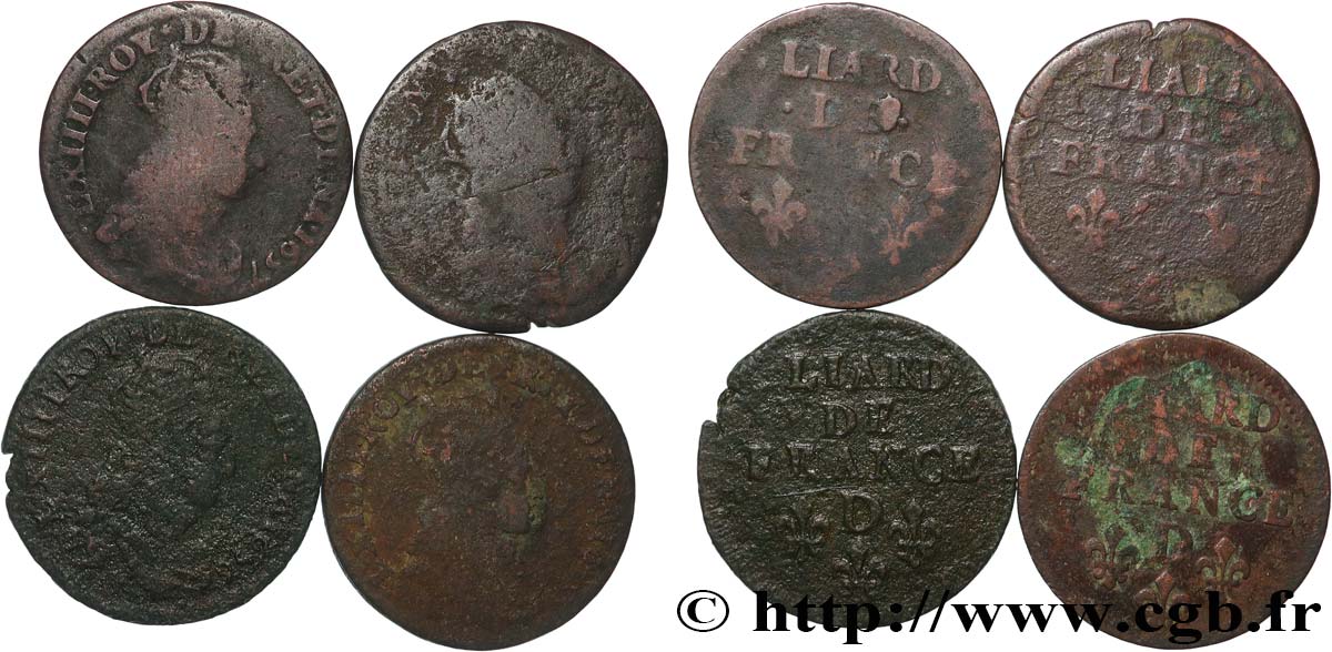 LOUIS XIV LE GRAND OU LE ROI SOLEIL Liard de cuivre “à la tête couronnée”, lot de 4 ex. n.d. Ateliers divers Lot