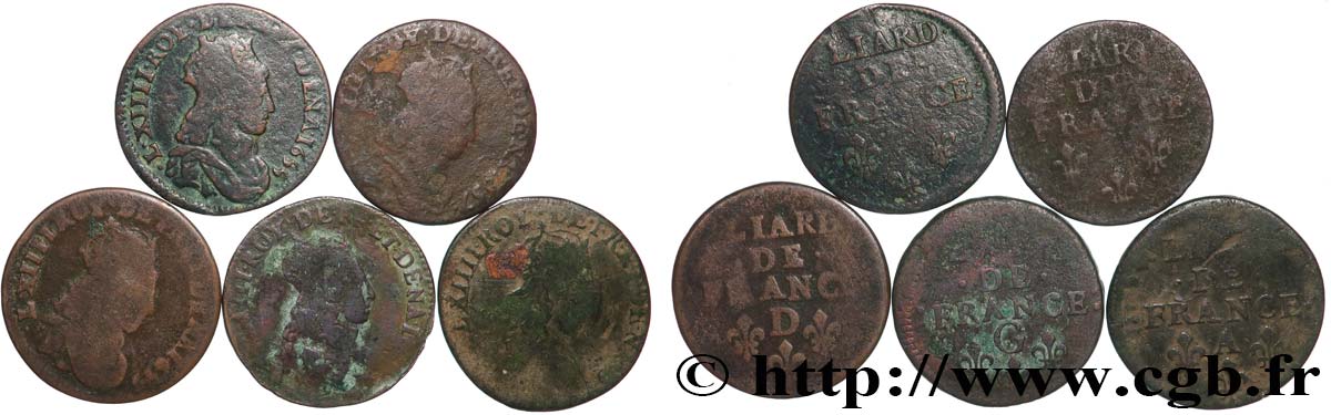 LOUIS XIV  THE SUN KING  Liard de cuivre “à la tête couronnée”, lot de 5 ex. n.d. Ateliers divers lot