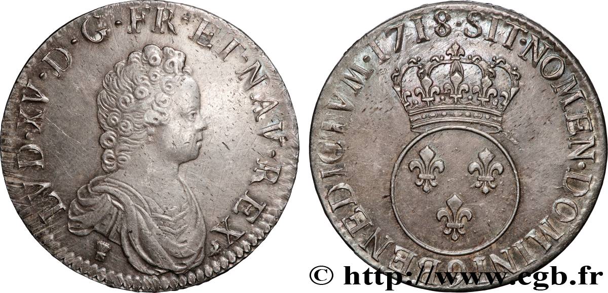 LOUIS XV DIT LE BIEN AIMÉ Écu dit  vertugadin  1718 Rennes TTB+/SPL