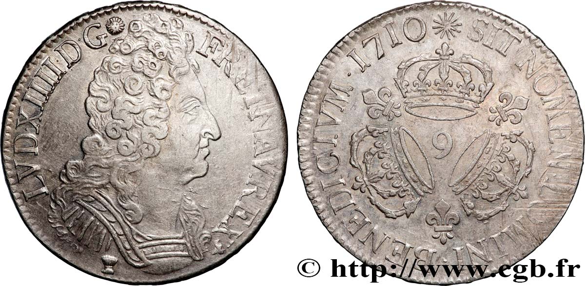 LOUIS XIV LE GRAND OU LE ROI SOLEIL Écu aux trois couronnes 1710 Rennes SUP