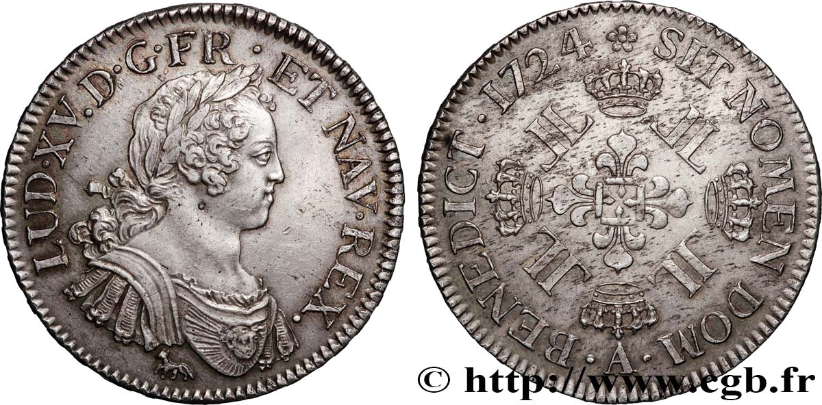 LOUIS XV DIT LE BIEN AIMÉ Écu à la croix fleurdelisée couronnée et aux huit L 1724 Paris SUP