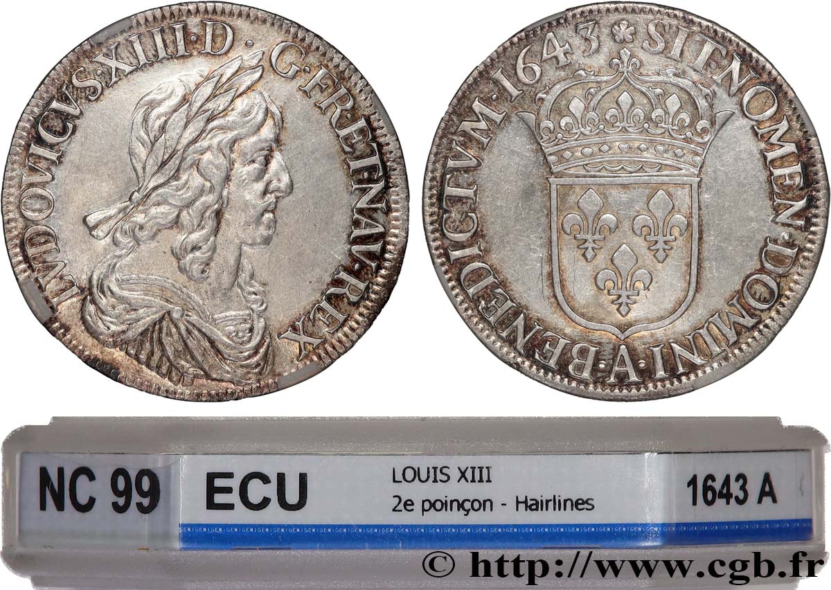LOUIS XIII LE JUSTE Écu, buste drapé et cuirassé (2e buste de Jean Warin) 1643 Paris, Monnaie de Matignon SUP