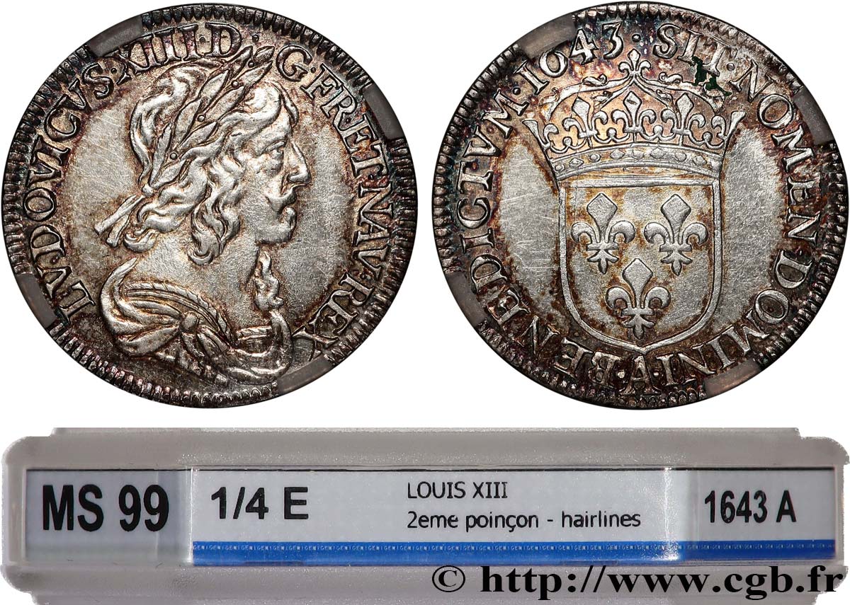 LOUIS XIII LE JUSTE Quart d écu, buste drapé et cuirassé (2e buste de Jean Warin) 1643 Paris, Monnaie du Louvre SUP