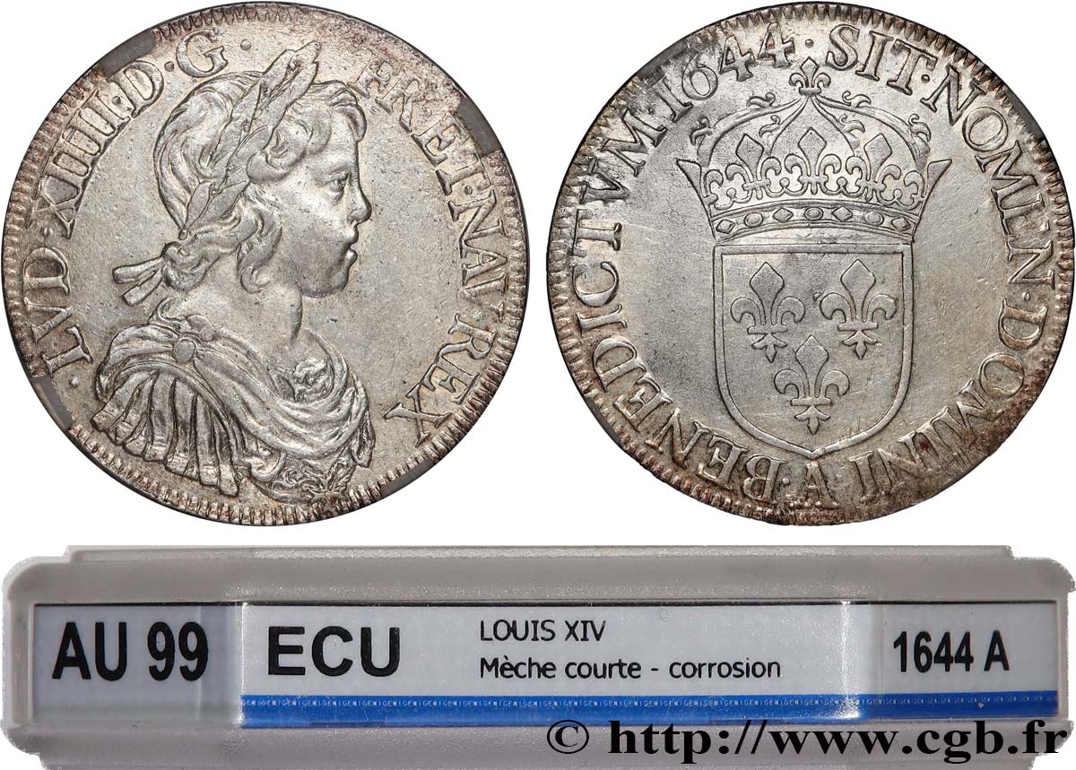 LOUIS XIV LE GRAND OU LE ROI SOLEIL Écu, portrait à la mèche courte 1644 Paris, Monnaie du Louvre SUP