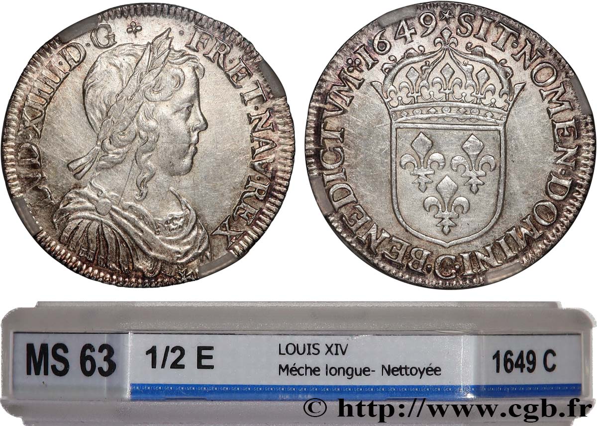 LOUIS XIV LE GRAND OU LE ROI SOLEIL Demi-écu, portrait à la mèche longue 1649 Saint-Lô SPL63