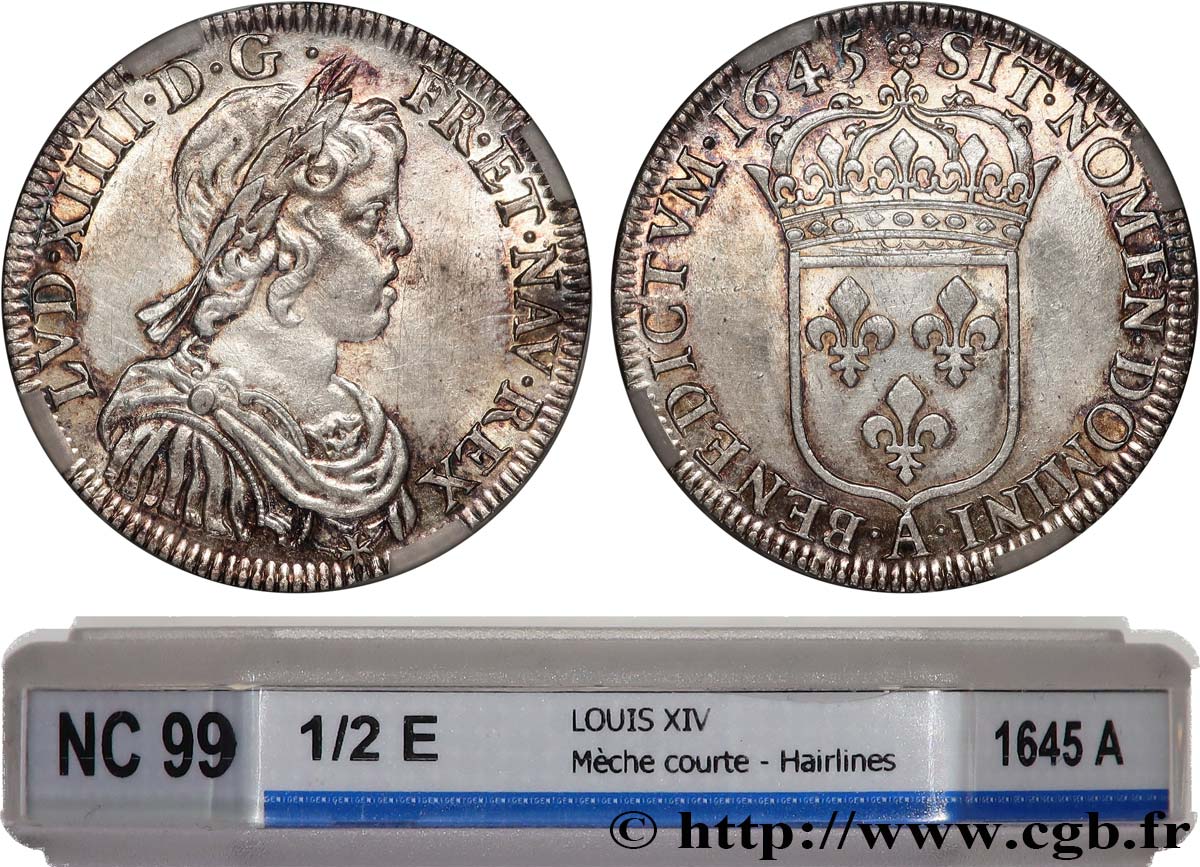 LOUIS XIV LE GRAND OU LE ROI SOLEIL Demi-écu, portrait à la mèche courte 1645 Paris, Monnaie du Louvre SUP