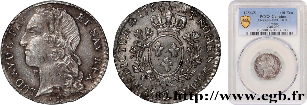 LOUIS XV  THE WELL-BELOVED  Dixième d écu aux branches d’olivier, tête ceinte d’un bandeau 1756 Grenoble VZ