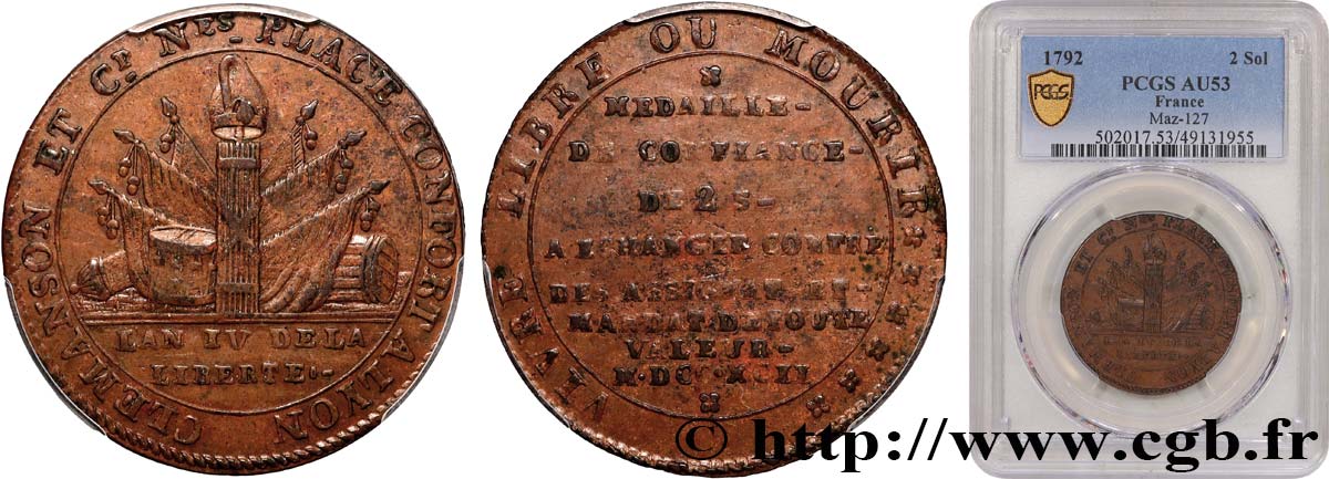 REVOLUTION COINAGE 2 sols de Clémanson au faisceau 1792 Lyon AU53
