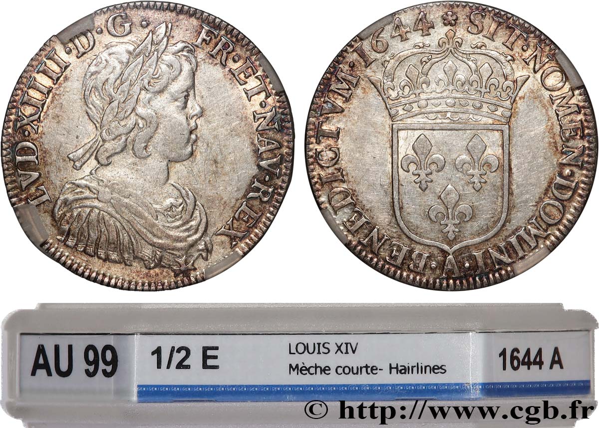 LOUIS XIV  THE SUN KING  Demi-écu, portrait à la mèche courte 1644 Paris, Monnaie de Matignon AU