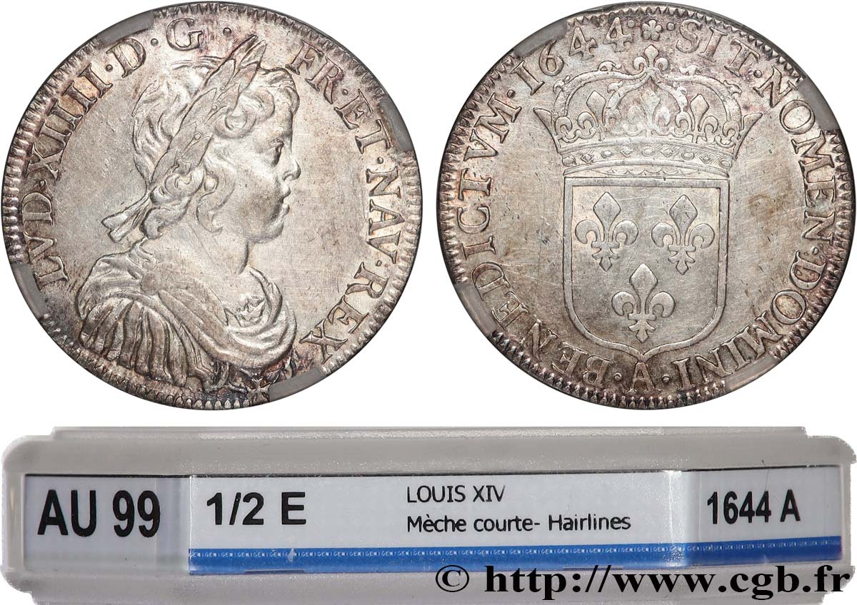 LOUIS XIV  THE SUN KING  Demi-écu, portrait à la mèche courte 1644 Paris, Monnaie de Matignon AU