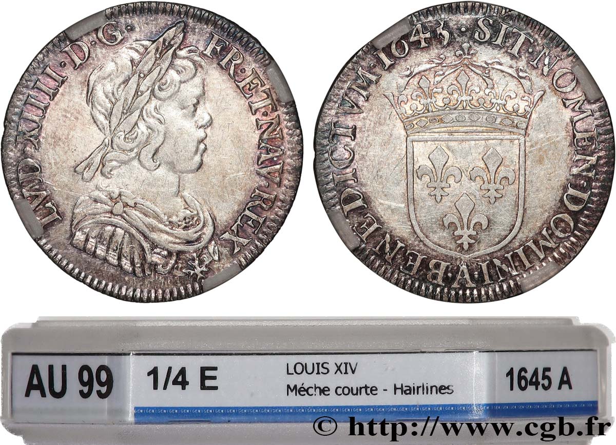 LOUIS XIV  THE SUN KING  Quart d écu, portrait à la mèche courte 1645 Paris, Monnaie du Louvre AU