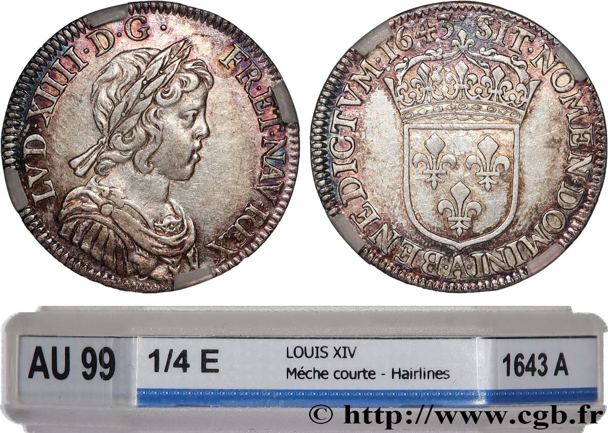 LOUIS XIV  THE SUN KING  Quart d écu, portrait à la mèche courte 1643 Paris, Monnaie du Louvre AU