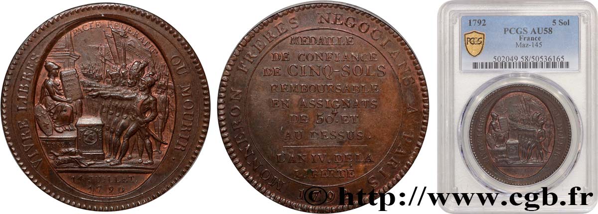 CONFIANCE (MONNAIES DE...) Monneron de 5 sols au serment (An IV), 3e type 1792 Birmingham, Soho SUP58