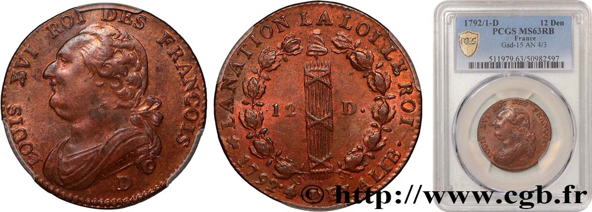 LOUIS XVI (MONARQUE CONSTITUTIONNEL)  12 deniers dit  au faisceau , type FRANCOIS 1792 Lyon SPL63